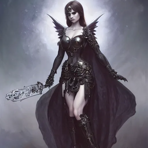 Image similar to Gothic girl angel with Warhammer 40000 armor, dark fantasy, intricate, elegant, highly detailed, digital painting, artstation, concept art, character design, smooth, sharp focus, illustration, art by artgerm and greg rutkowski and alphonse mucha