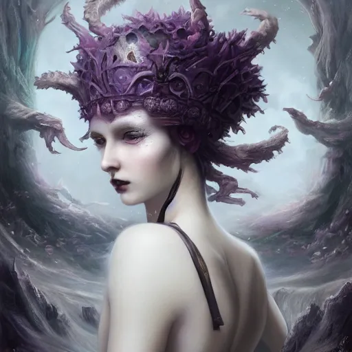 Prompt: tom bagshaw, soft painting fractal curiosities fairy carnival, single beautiful female in full nightshade gothic armor, accurate features, focus, very intricate ultrafine details, black white purple volumetric clouds, award winning masterpiece, octane render 8 k hd