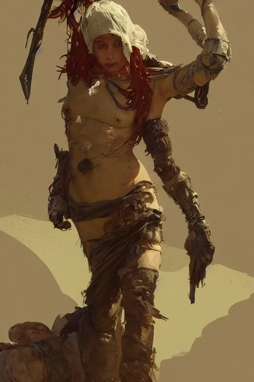 Image similar to a full body portrait of a beautiful post apocalyptic offworld criminal district bedouin blind pulp fiction scarlet wild rogue barbarian leper begging by the roadside, intricate, elegant, highly detailed, digital painting, artstation, concept art, smooth, sharp focus, illustration, art by krenz cushart and artem demura and alphonse mucha