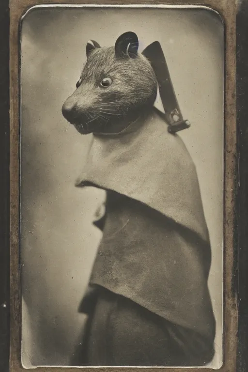 Prompt: a wet plate photo of an anthropomorphic weasel dressed as a friar