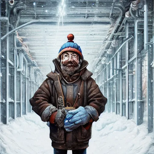 Image similar to beautiful snow - covered plumber posing in factory, half - length portrait, perfect symmetrical eyes, cinematic by peter mohrbacher, detailed, hyperrealism