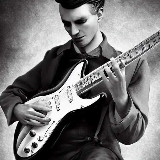 Image similar to 1940's man playing an electric guitar, photorealistic art, hd, 8k, intricate details, high definition, real life