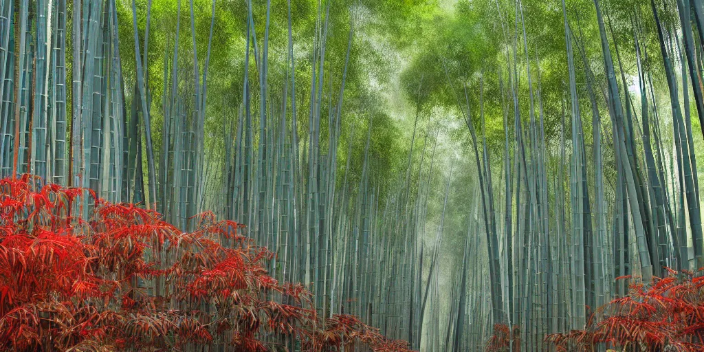 Image similar to Ancient city, Japanese architecture, city is surrounded by tall bamboo, in a bamboo forest, on a mountain, the weather is mist, red leaf trees and bamboo, ultra realistic, detailed, 4k