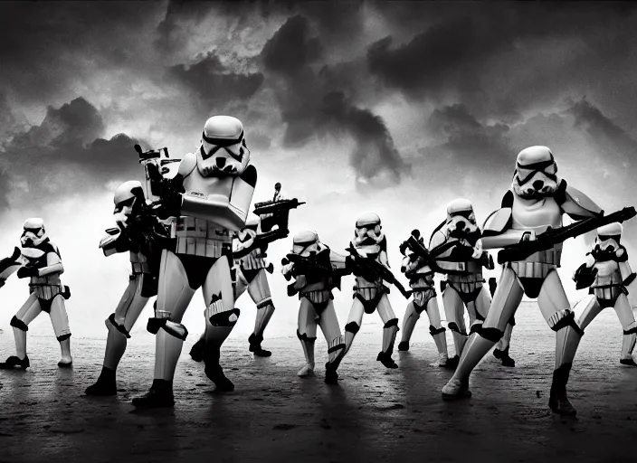 Prompt: an army of monkeys attacks a storm trooper army, photorealistic, canon 5 d, sharp, sunlight, reflection, annie leibovitz, platon, bruce gilden, charles burns