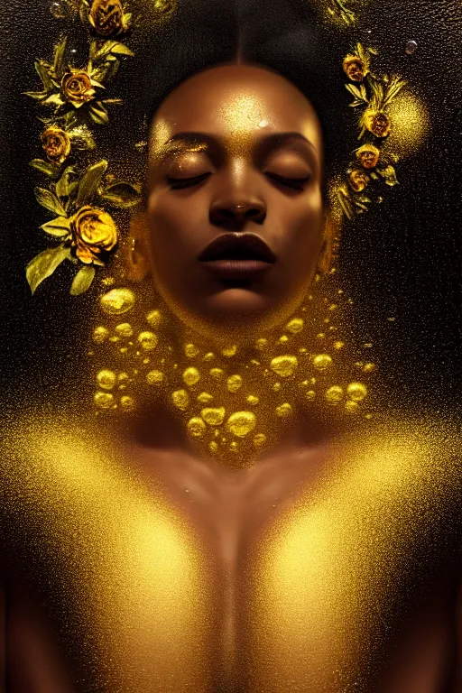 Image similar to hyperrealistic neo raphaelite cinematic very expressive! black oshun goddess, in water up to her shoulders, mirror dripping droplet!, gold flowers, highly detailed face, digital art masterpiece, smooth eric zener cam de leon chiaroscuro pearlescent teal light, tilt angle uhd 8 k, sharp focus