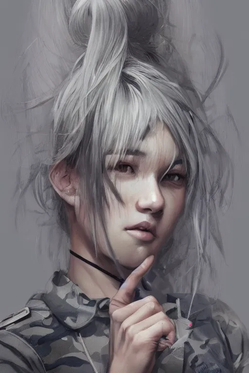 Prompt: girl, silver hair (ponytail), multicam (camo), posing, (trending on artstation), beautiful face, cinematic full body shot, ilustration by Takehiko Inoue (((and Yoann Lossel)))