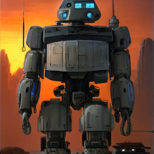 Image similar to a anthropomorphic humanoid tank Mech in the style of Ralph McQuarrie/Syd Mead/John Berkey detailed realistic HD 8k High Resolution