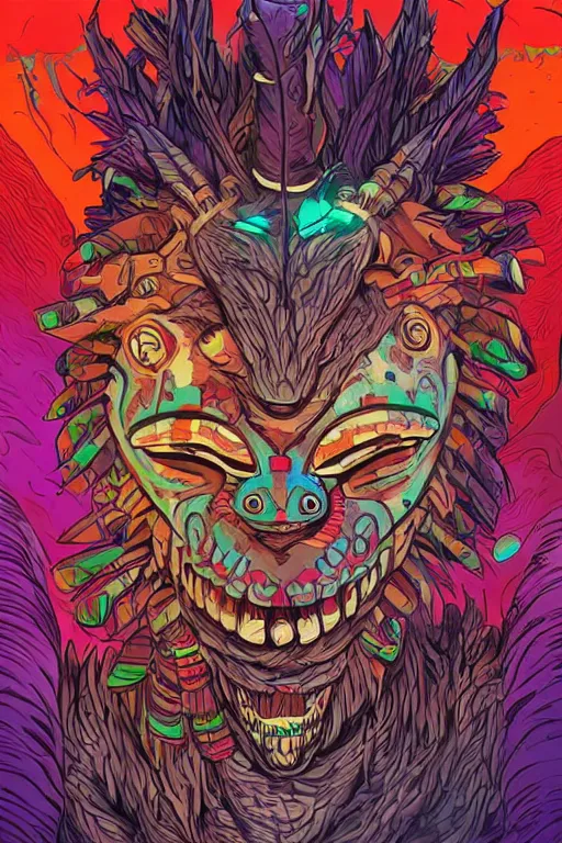 Image similar to totem animal tribal chaman vodoo mask feather gemstone plant wood rock video game illustration vivid color borderlands by josan gonzales and dan mumford radiating a glowing aura