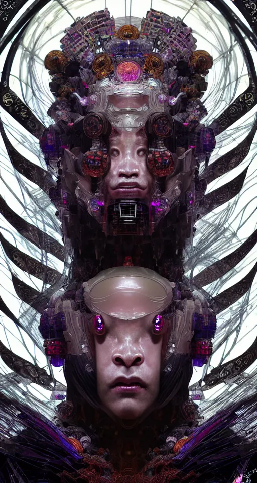 Image similar to asura from chinese myth, ghost, gorgeous and huge head ornaments, dystopian, cyberpunk, organic fractal mycelum and fungi, mecha, halfturn portrait of a big crystal face made of crystals half - turn, ominous, intricate, studio, art by anthony macbain + greg rutkowski + alphonse mucha, concept art, 4 k, sharp focus