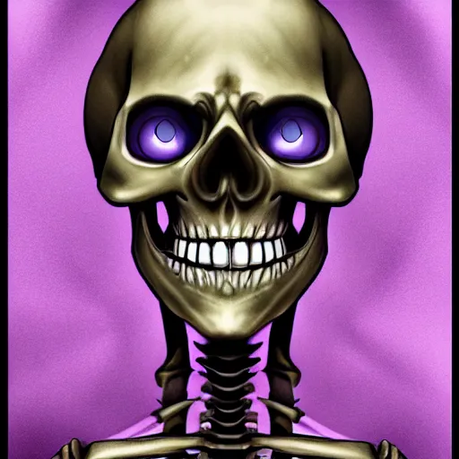 Image similar to a detailed portrait of a fancy skeleton with expressive features and metallic teeth, metal teeth, skeleton in a suit, purple glowing eyes, fantasy art, character, wizard, barbarian