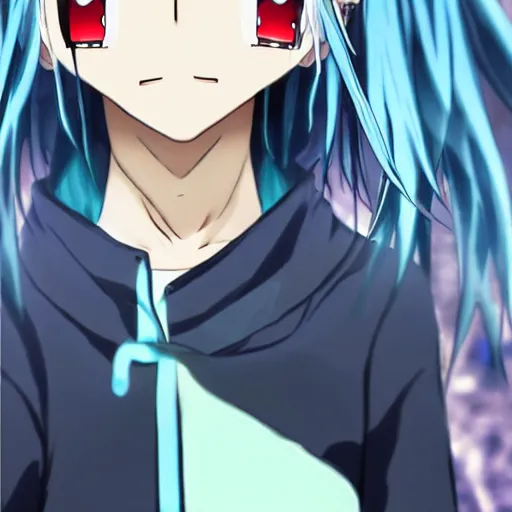 Prompt: full face shot of rimuru tempest from tensei shitara slime datta ken, tensura, that time i got reincarnated as a slime wearing a black jacket, high collar, ultra detailed, concept art, wlop artstation, closeup, pixiv, yoshitaka amano, andy warhol, ilya kuvshinov,