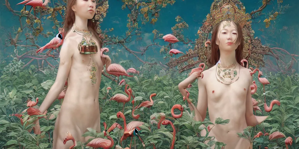 Image similar to breathtaking detailed weird concept art painting of the goddess of flamingo, orthodox saint, with anxious, piercing eyes, ornate background, epic composition, symmetry, amalgamation of leaves and flowers, by Hsiao-Ron Cheng and John James Audubon and Miho Hirano, extremely moody lighting, 8K