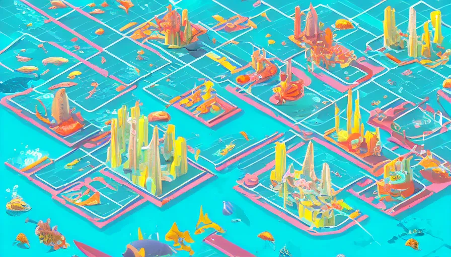 Prompt: busy isometric deep sea city, futuristic isometric underwater buildings, digital art, neat, matte colours, isometric coral, geometric sharp angles