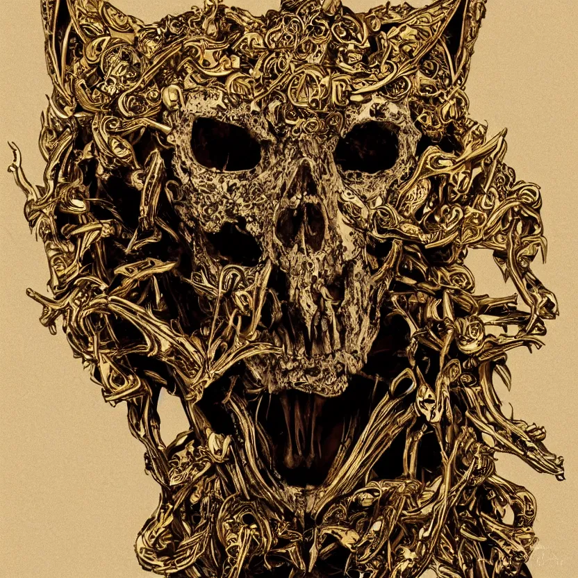 Image similar to photo portrait portrait of skull of wolf, lying on bones, dramatic lighting, golden ornaments, symmetric, intricate skeletal decorations, symmetry, highly detailed, concept art, black, red, white, gold layers, super moon, style of nekroxiii, hyperrealistic, dark background, smoke