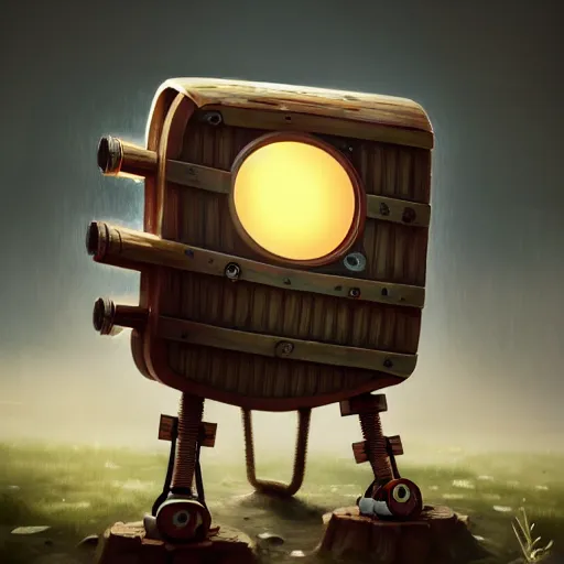 Prompt: a walking wood and metal house with two mechanical legs and two eyes, rust, hyperrealistic, highly detailed, cinematic, single ray of sun, morning, pareidolia, gravity falls style, beautiful, cgssociety, artstation, 8 k, oil painting, digital art