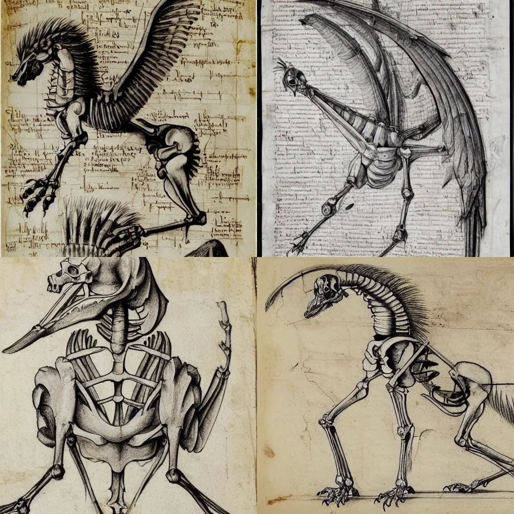 Prompt: griffin, an anatomy drawing, skeleton structure, dissection sketch, a folio Leonardo da Vinci's Anatomical manuscript A, very detailed, historical, accurate,