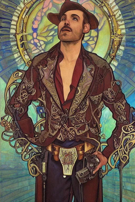 Prompt: a dramatic ethereal epic symmetrical painting of a handsome villainous cowboy | background is a train locomotive | his shirt is unbuttoned and he has a pocketwatch | tarot card, art deco, art nouveau, ( steampunk ), homoerotic, realistic | by louis comfort tiffany and alphonse mucha | trending on artstation