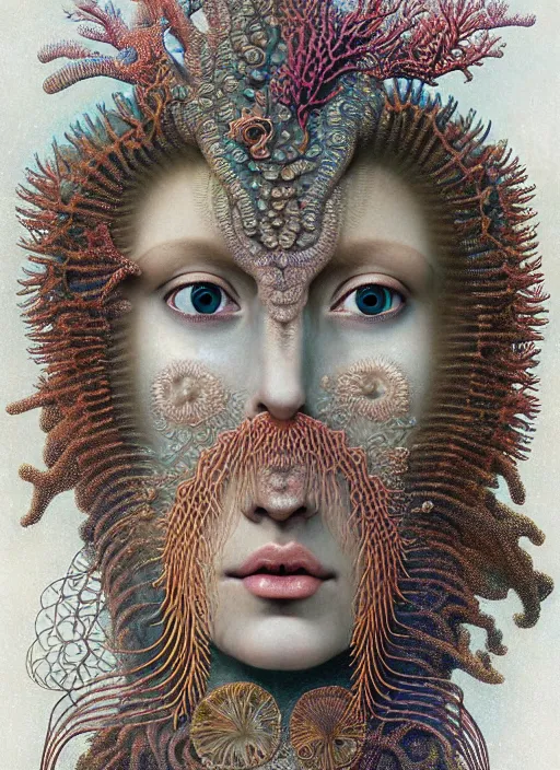 Image similar to realistic detailed underwater face portrait of the beutiful young goddess of the fish of the fractal waters with an intricate headdress of corals, sea kelp, sea plants, coral reef, fish, jellyfish, art by ernst haeckel, zdzisław beksinski, hieronymus bosch, gothic, neo - gothic, ornamental, beautiful deep colours,