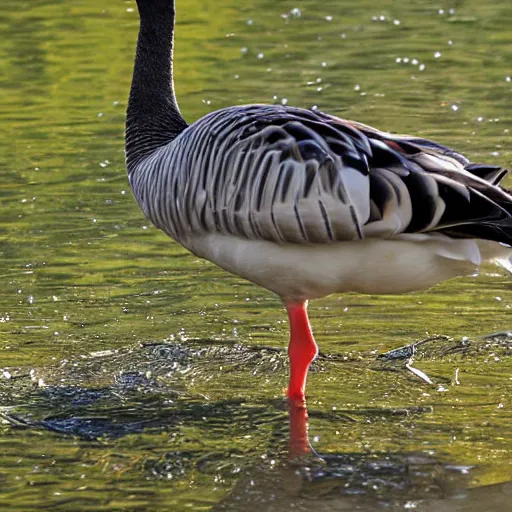 Prompt: a goose drinking beer