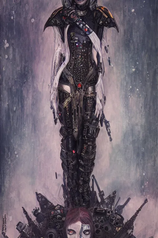 Prompt: portrait of beautiful young gothic sister of battle, cyberpunk, Warhammer, highly detailed, artstation, illustration, art by Gustav Klimt