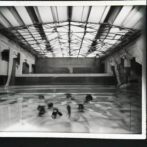 Prompt: abandoned indoor water park with strange creatures lurking, polaroid photo