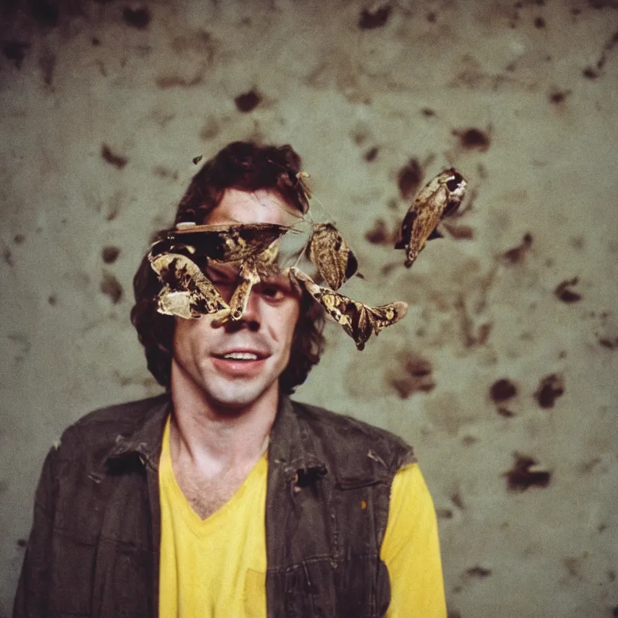 Image similar to 7 0 s movie still of a man with a jaw full of moth in a yellow wall tunnel, cinestill 8 0 0 t 3 5 mm eastmancolor, heavy grain, high quality, high detail