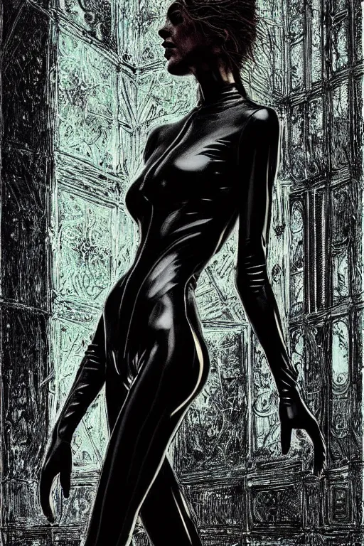 Image similar to dreamy gothic girl, wet black leather slim suit, beautiful woman body, detailed acrylic, grunge, intricate complexity, by dan mumford and by alberto giacometti, peter lindbergh