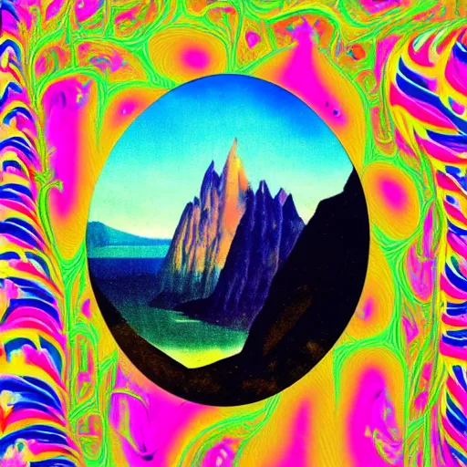 Image similar to 1920's psychedlic fractal mountain range disk shark bush tote meat , by Ilya Kuvshinov and Johannes Vermeer and Hieronymus Bosch , 8K , speedpainting , groovy