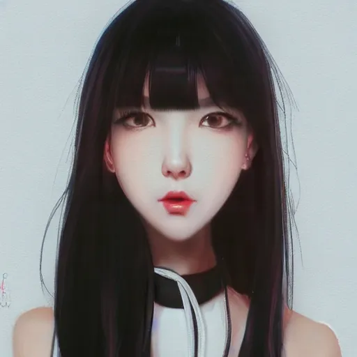 Image similar to realistic detailed semirealism beautiful gorgeous natural cute Blackpink Lalisa Manoban black hair black cat ears, wearing white camisole outfit, headphones, black leather choker artwork drawn full HD 4K high resolution quality artstyle professional artists WLOP, Aztodio, Taejune Kim, Guweiz, Pixiv, Instagram, Artstation