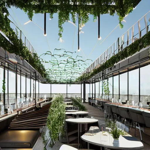 Image similar to modern rooftop restaurant inspired by plant structures and biomimicry, moody lighting, modern lighting, hyper - realistic, hyper - detailed, 8 k, octane rendered, art nouveau, organic, flowing. torsion, dynamic