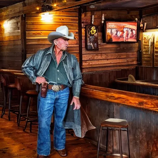 Prompt: an old western cowboy in a modern bar, realistic