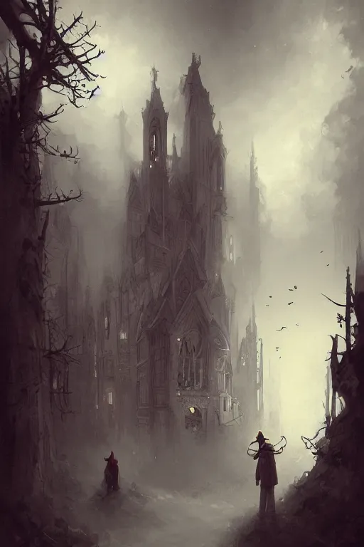 Prompt: illustration of close street view of gothic pipe organ, night, smoke, ground fog, by peter mohrbacher, by alex andreev, by jacek yerka, by alan lee, large depth of field, super detailed, digital art, trending on artstation, ornate