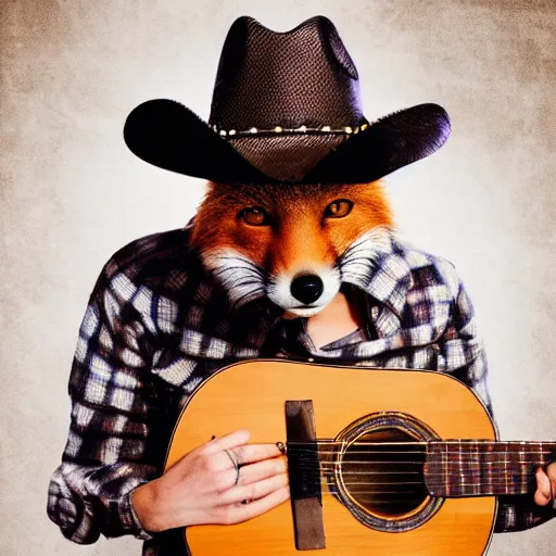 Image similar to a female fox animal, wearing cowboy hat, wearing plaid shirt, playing guitar, inside a barn, album cover style