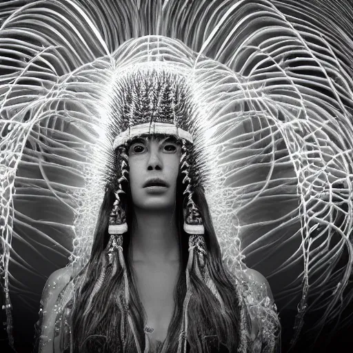 Image similar to mushroom goddess with extremely elegant headdress with group of elders in a ceremony for plant medicine, beautiful, hiroya oku, yoshitaka amano, alex grey, black and white, beautiful lighting, cinematic still, quantum gravity 3 d render, 8 k