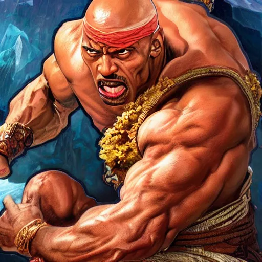 Prompt: the rock as dhalsim from street fighter, 4 k, ultra realistic, detailed focused art by artgerm and greg rutkowski and alphonse mucha
