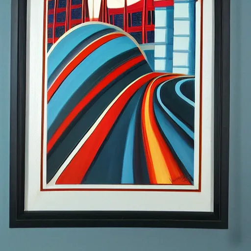 Prompt: a painting in the style of streamline moderne.