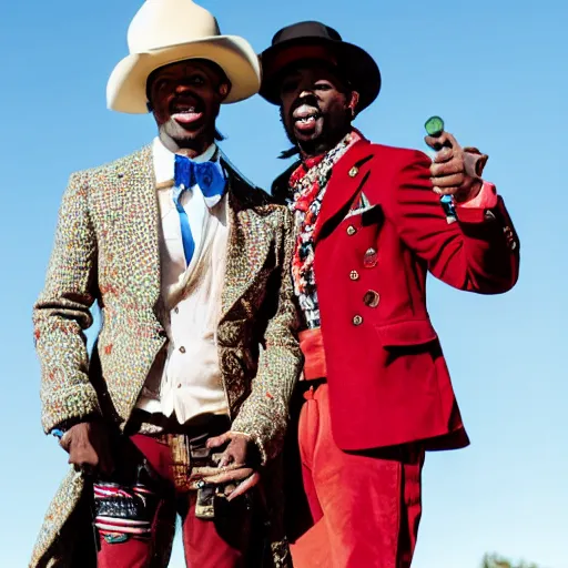 Prompt: king von laugh with fbg dug ( circa 1 9 0 1 ) in cowboy suit, theyre used red and blue bandana