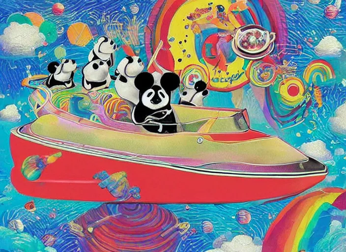 Image similar to “ an entire family of pandas in tuxedos and dresses riding in a speedboat with yung gravy on a rainbow in outer space. created in the style of salvador dali. high detail. ”