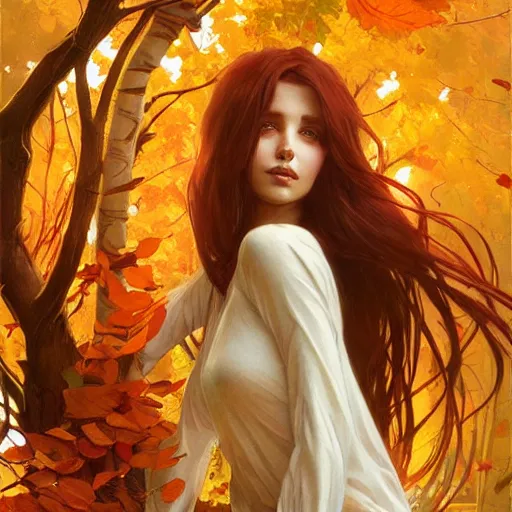 Prompt: girl with super long hair, hair becoming autumn red leaves, artstation, concept art, illustration, art by artgerm and greg rutkowski and alphonse mucha