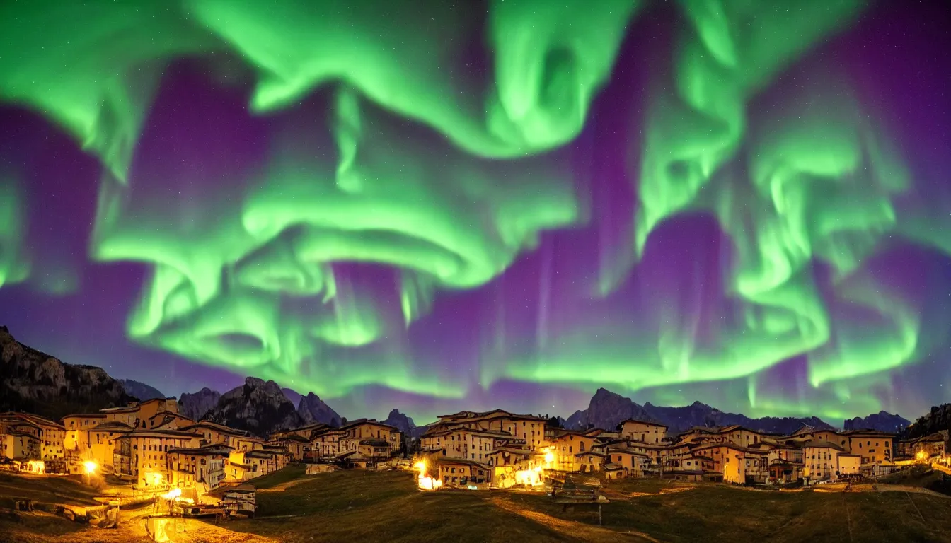 Prompt: an italian town in the dolomites mountains, aurora borealis in the sky