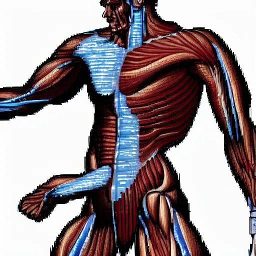 Prompt: pixel art of human muscular anatomy and cyborg hybrid