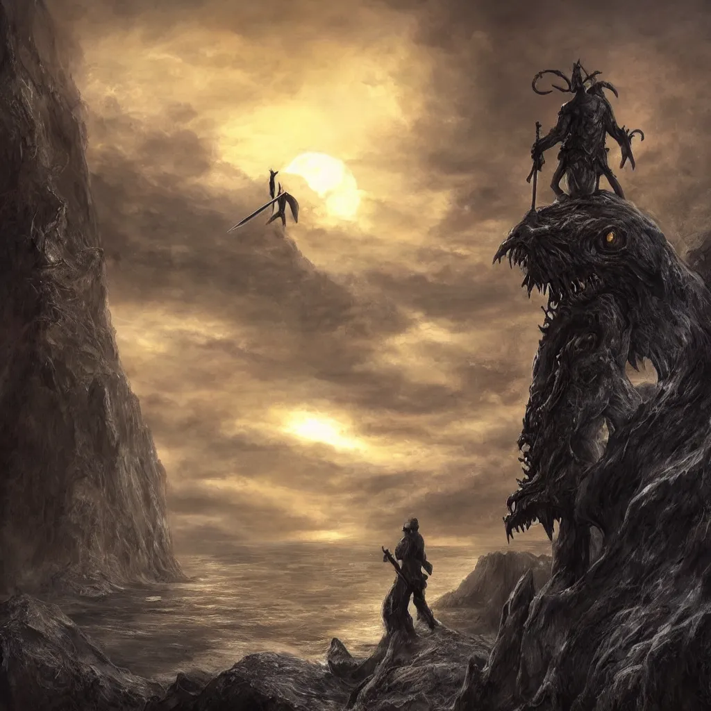 Image similar to a man holding a sword looking out over a cliff while a large lovecraftian monster looms over him darkening the setting sun behind him , hyper realistic ,gloomy, horror, scary, nightmare