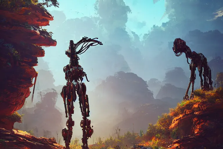 Prompt: tallneck machine mecanical creature robot of horizon forbidden west horizon zero dawn radiating a glowing aura global illumination ray tracing hdr fanart arstation by ian pesty and alena aenami artworks in 4 k