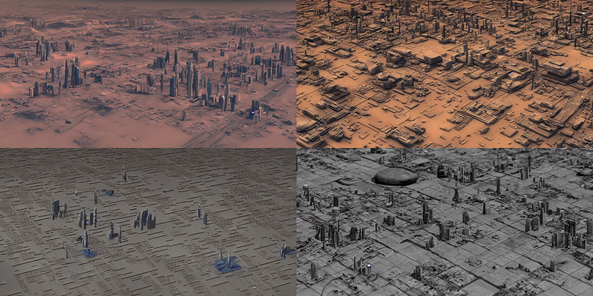 Prompt: Tilt shift photography of the first city on Mars, cyberpunk, in the style of Vincent Di Fate