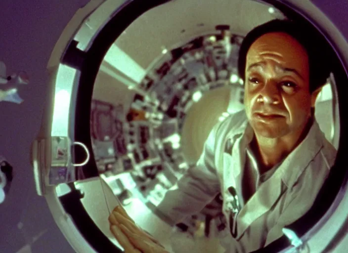 Prompt: film still of young old Cheech Marin as Dr. Dave Bowman in shuttle flying into black hole in 2001 A Space Odyssey