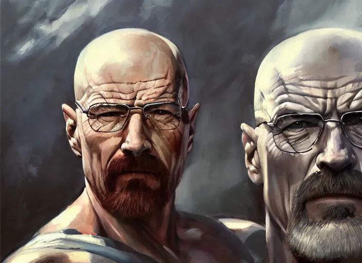 Image similar to a highly detailed beautiful portrait of walter white as kratos, by gregory manchess, james gurney, james jean