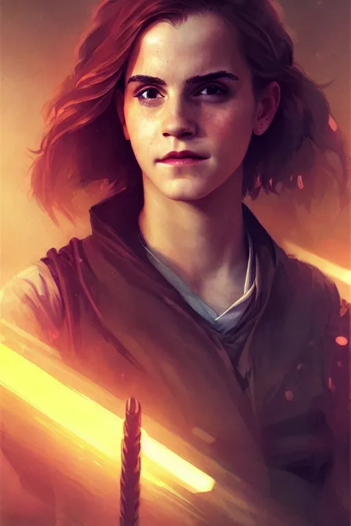 Image similar to portrait of Emma Watson as Hermione Granger in cyberpunk, neon lighting, night city, digital art from artstation by Ruan Jia and Mandy Jurgens and Artgerm and william-adolphe bouguereau and Greg Rutkowski and Wayne Barlowe