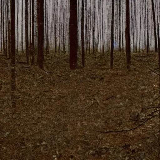 Image similar to 1 9 9 0 s faded vhs tape still, empty forest with dead trees, cloudy day, creepy