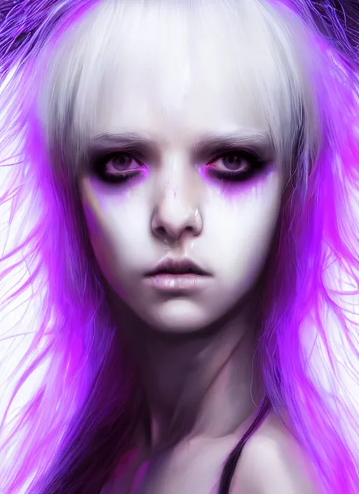 Prompt: hair whitebangs hair, white cyberlox, portrait of normal teenage girl, normal face, black bangs, messy bangs, fluffy bangs, cyberlox, whitebangs, red contact lenses, purple background, intricate, elegant, highly detailed, digital painting, artstation, concept art, sharp focus, smooth, illustration, art by wlop, mars ravelo and greg rutkowski