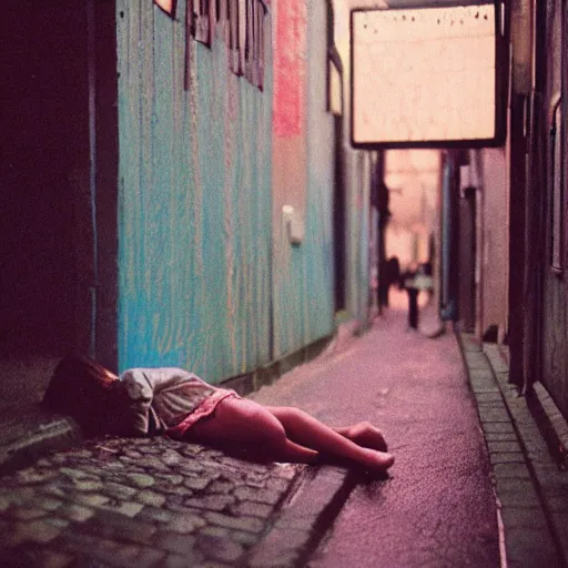 Prompt: 1990s perfect 8K HD professional cinematic photo of close-up japanese schoolgirl sleeping on ground in dystopian alleyway with neon signs, at evening during rain, at instagram, Behance, Adobe Lightroom, with instagram filters, depth of field, taken with polaroid kodak portra